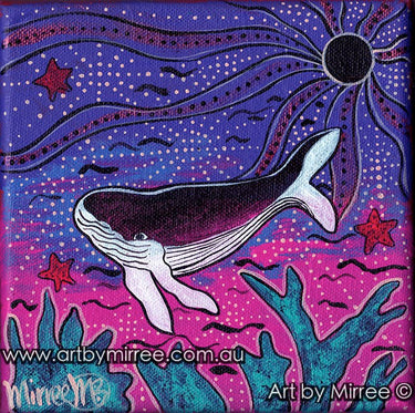 Humpback Whale with Star Fish Dreaming Small Contemporary Aboriginal Art Original Painting by Mirree